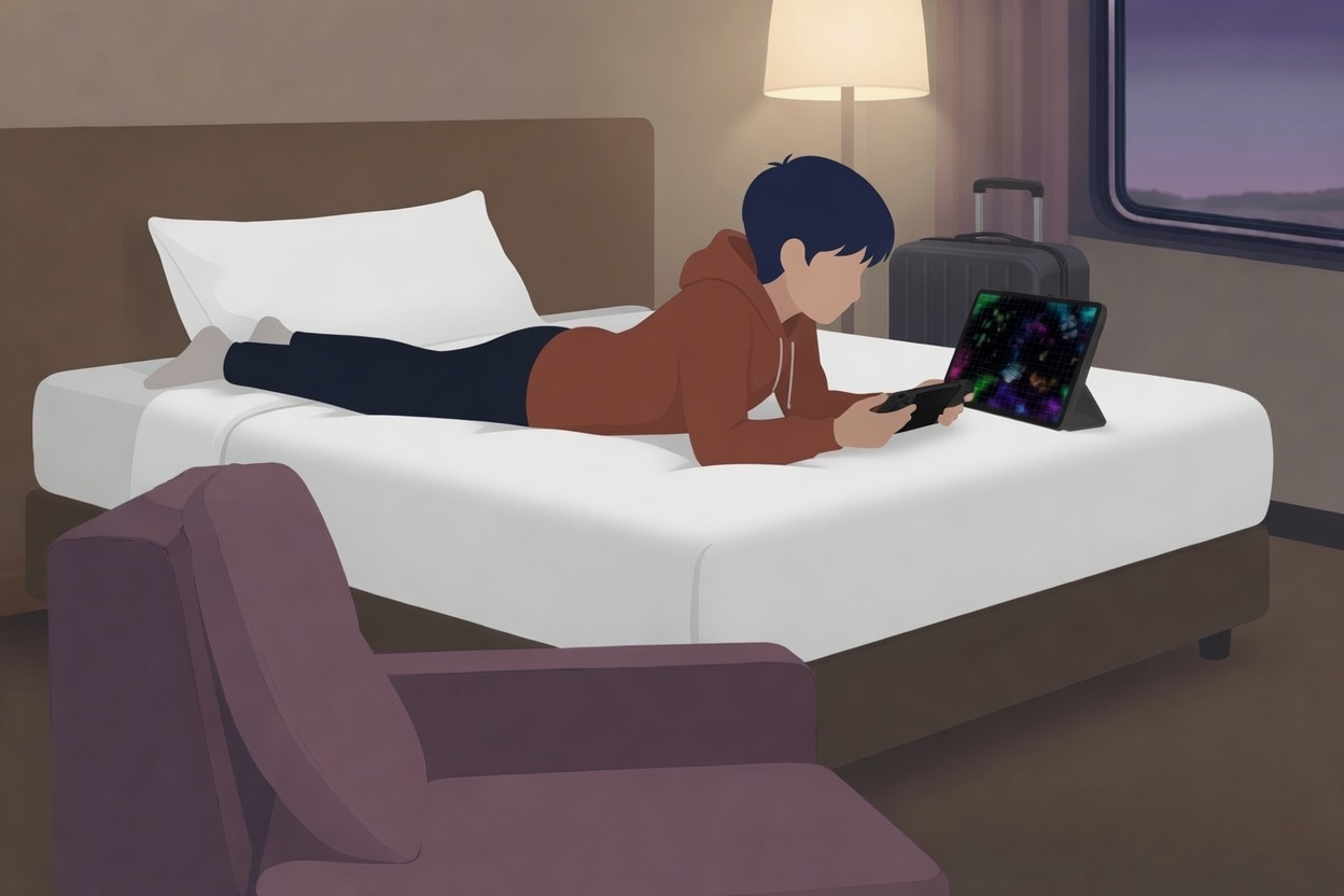 A boy lying on a hotel bed with a Steam Deck in his hands and an iPad propped on the bed.
