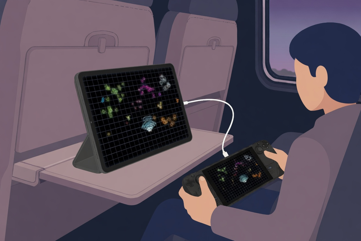 An iPad on a tray table, propped on a stand and plugged into a Steam Deck.