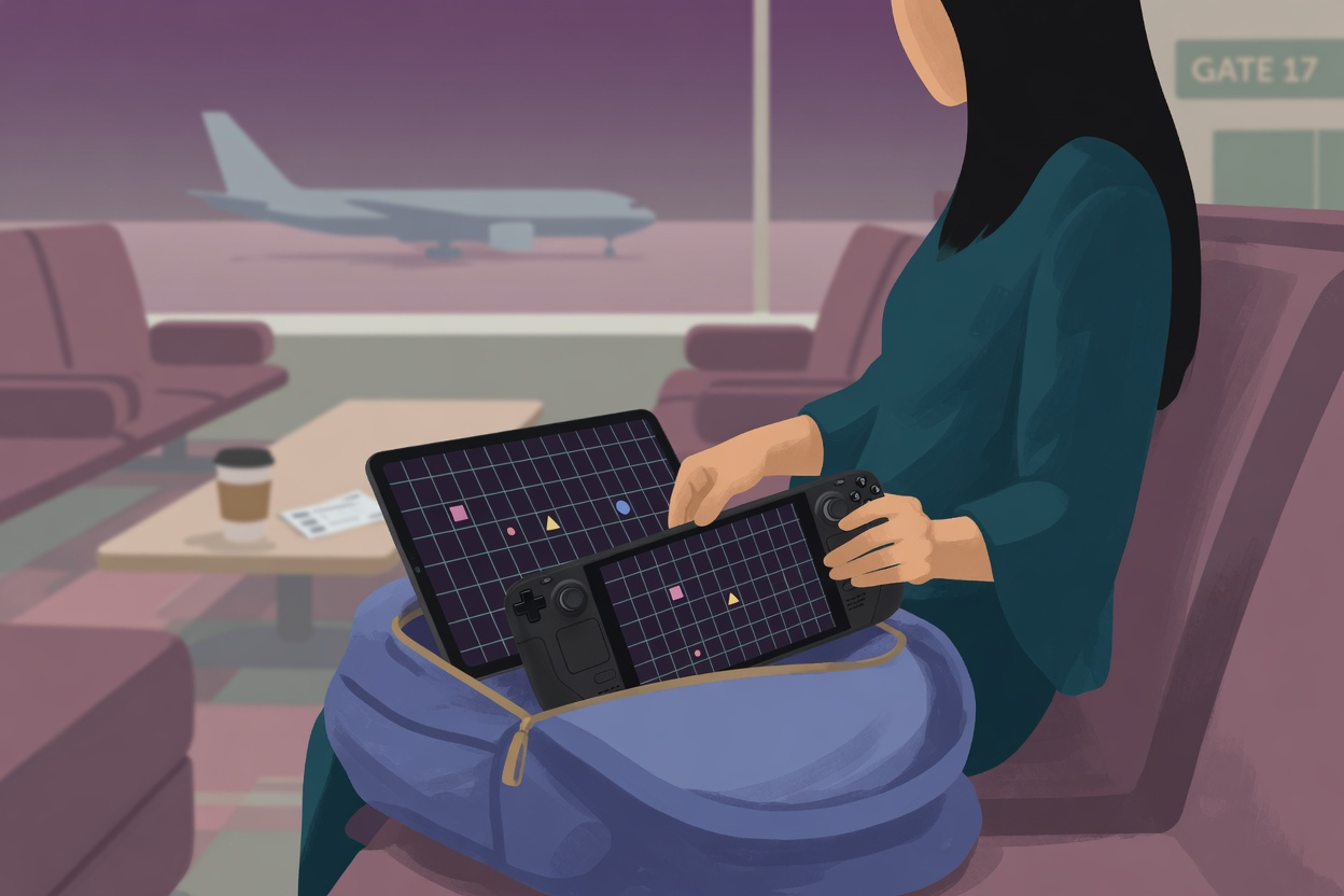 A woman reaching into an open backpack where a Steam Deck sits in front of an iPad, in an airport lounge.