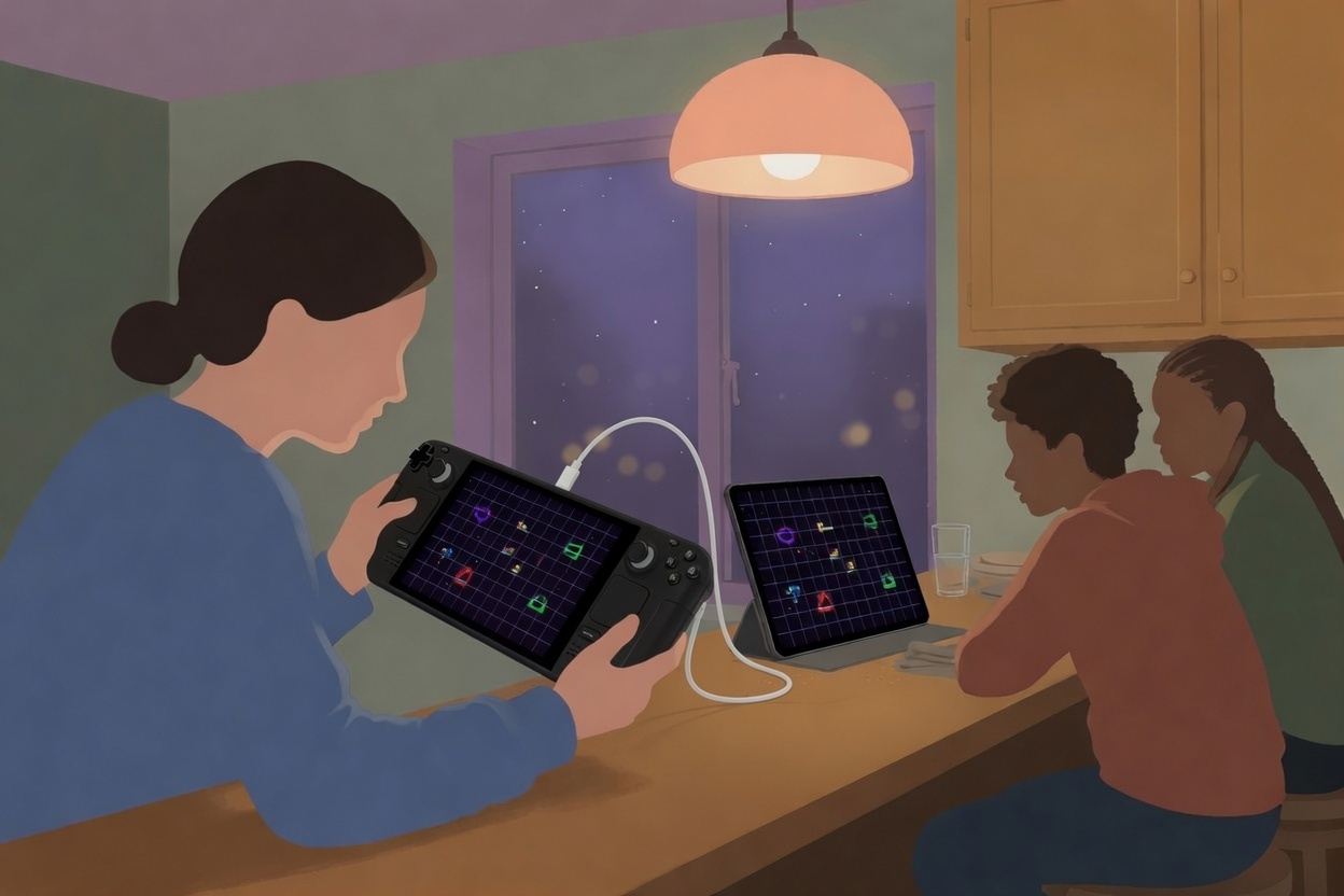 A girl playing a Steam Deck at an apartment kitchen bar, with an iPad on the counter and friends watching.